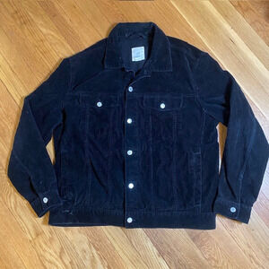 H&M Mens XL Extra Large Black Corduroy Jean Jacket Silver Buttons Chest Pockets
